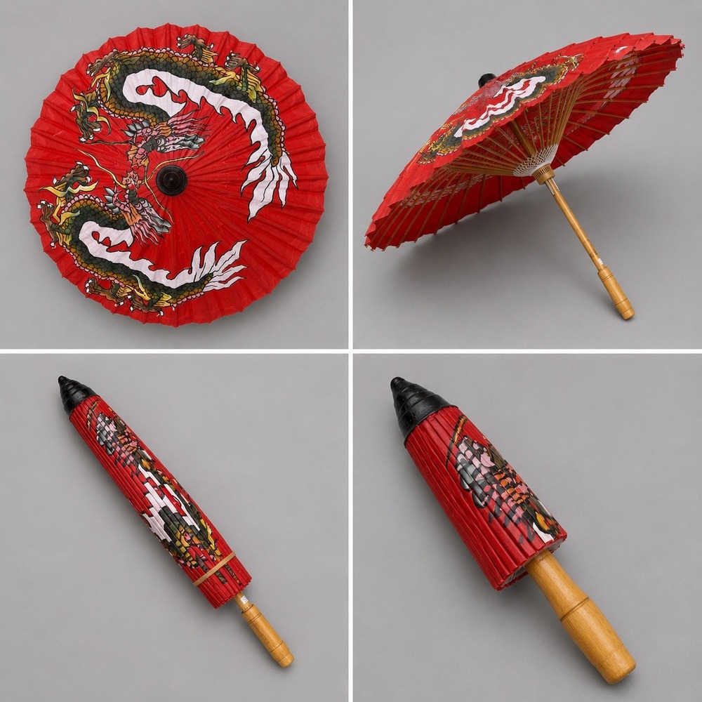 Handmade Thai Red Paper Parasol Dragon Print Bamboo Wood Asian Sun Umbrella